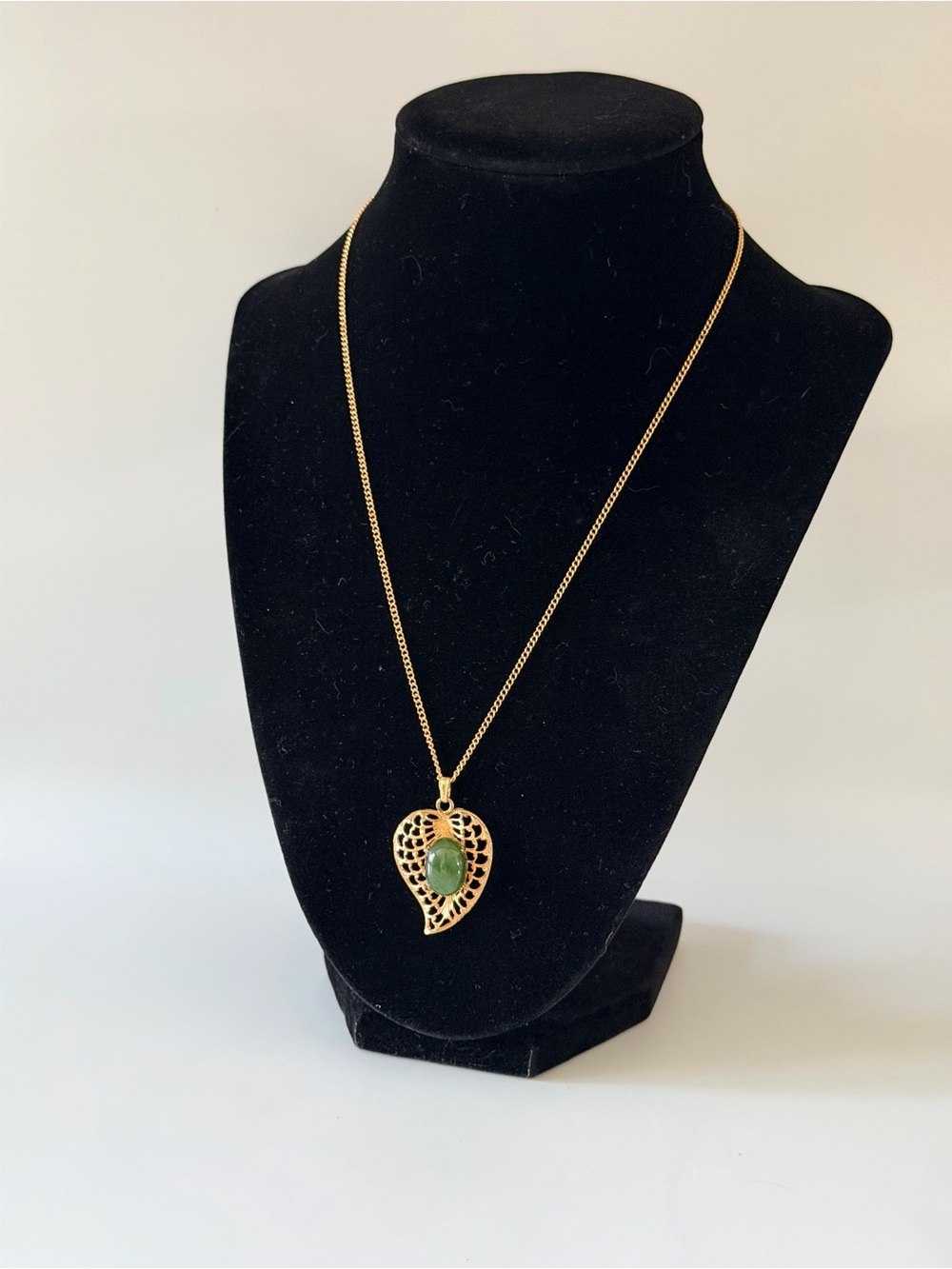 Gold Leaf Pendant Necklace with Jade Cabochon Pendant with 18" Chain